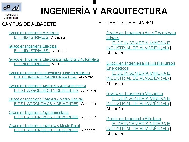 INGENIERÍA Y ARQUITECTURA CAMPUS DE ALBACETE Grado en Ingeniería Mecánica E. I. INDUSTRIALES |