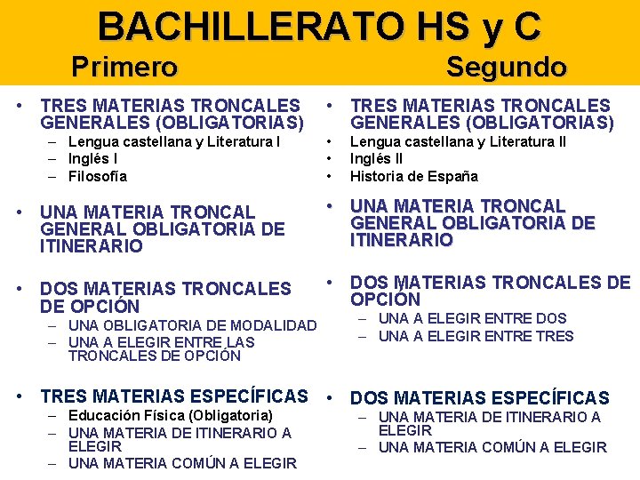 BACHILLERATO HS y C Primero • TRES MATERIAS TRONCALES GENERALES (OBLIGATORIAS) – Lengua castellana