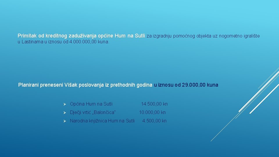 Primitak od kreditnog zaduživanja općine Hum na Sutli za izgradnju pomoćnog objekta uz nogometno