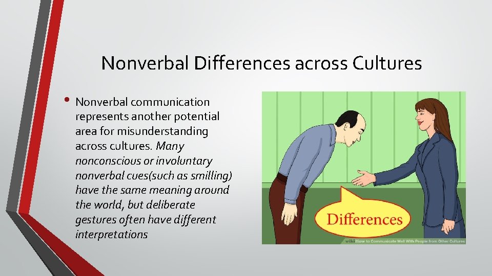 Nonverbal Differences across Cultures • Nonverbal communication represents another potential area for misunderstanding across
