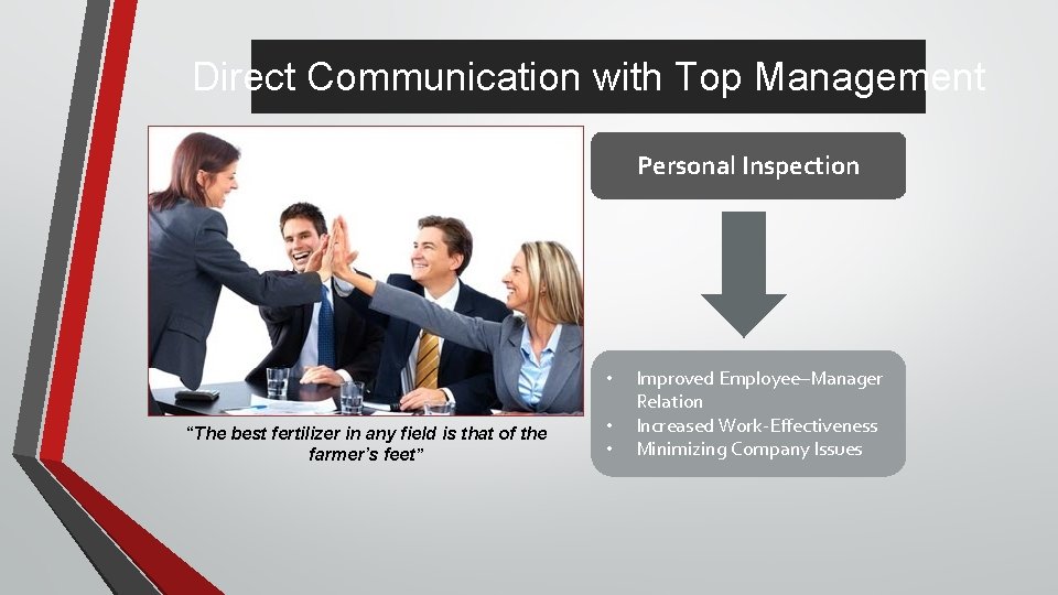 Direct Communication with Top Management Personal Inspection • “The best fertilizer in any field