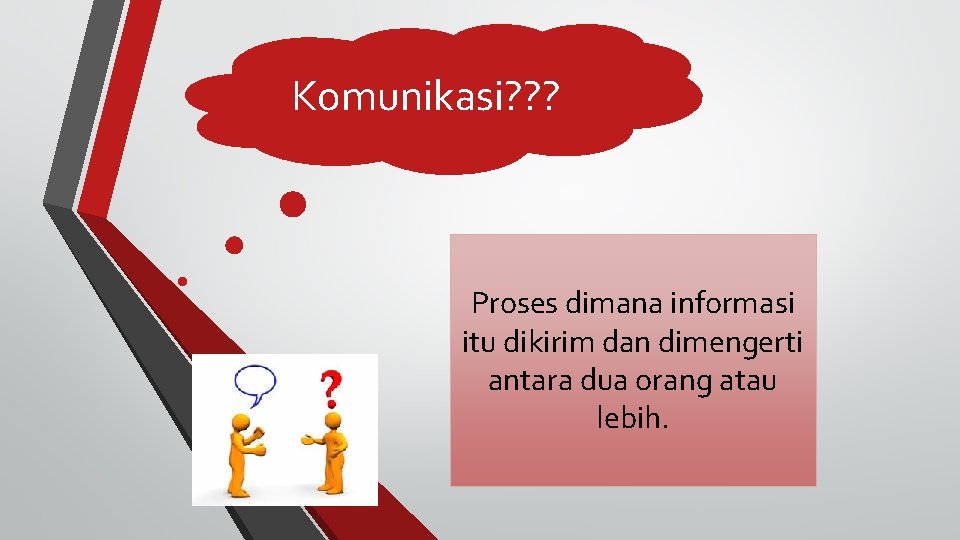 Komunikasi? ? ? Proses dimana informasi itu dikirim dan dimengerti antara dua orang atau