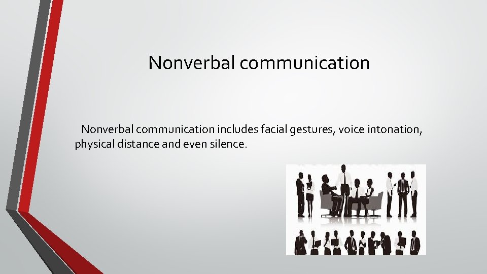 Nonverbal communication includes facial gestures, voice intonation, physical distance and even silence. 