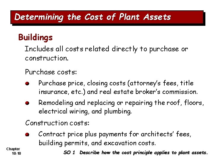 Determining the Cost of Plant Assets Buildings Includes all costs related directly to purchase