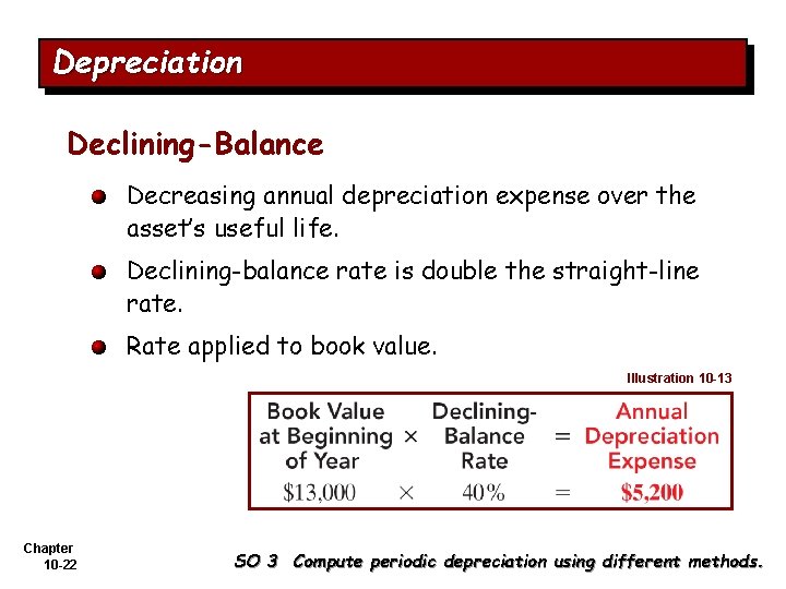 Depreciation Declining-Balance Decreasing annual depreciation expense over the asset’s useful life. Declining-balance rate is
