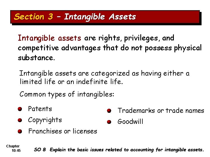 Section 3 – Intangible Assets Intangible assets are rights, privileges, and competitive advantages that