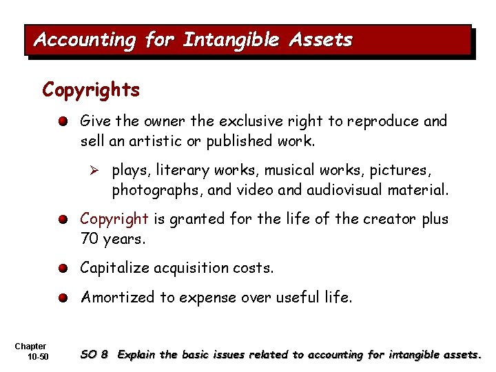 Accounting for Intangible Assets Copyrights Give the owner the exclusive right to reproduce and