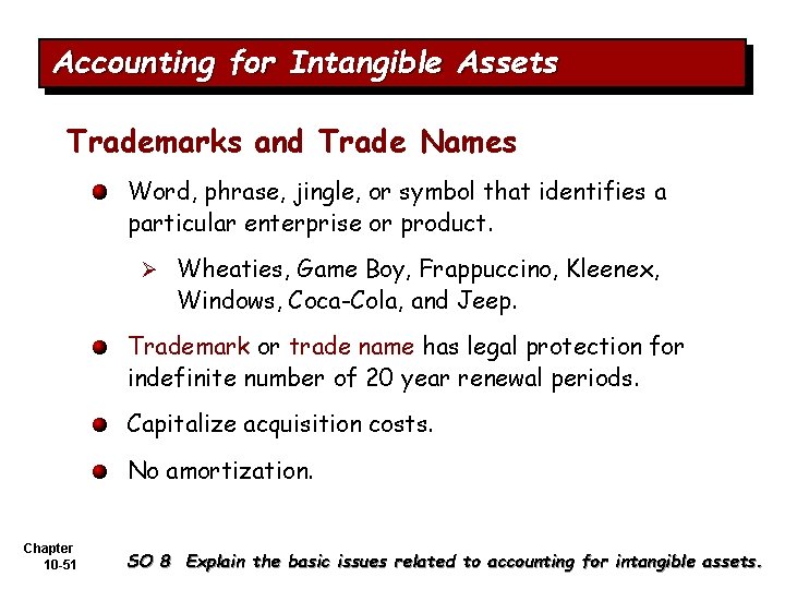 Accounting for Intangible Assets Trademarks and Trade Names Word, phrase, jingle, or symbol that