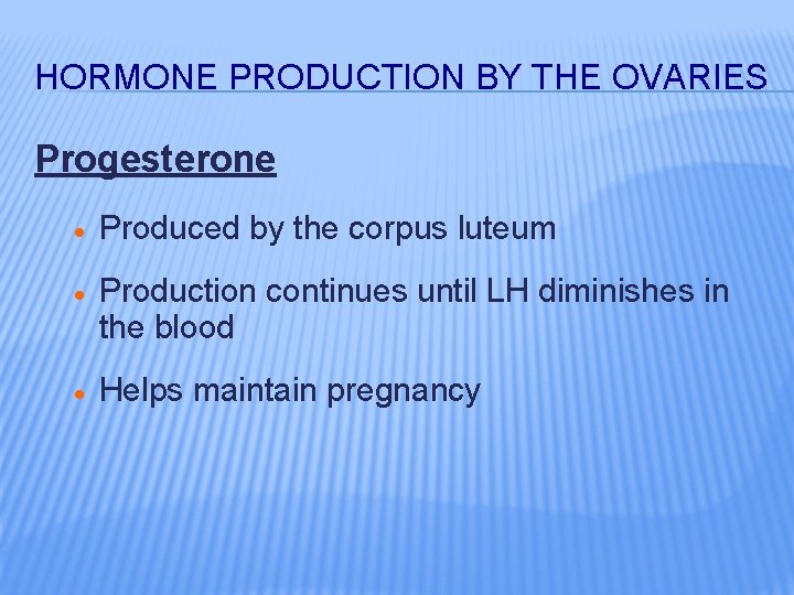 HORMONE PRODUCTION BY THE OVARIES Progesterone · Produced by the corpus luteum · Production
