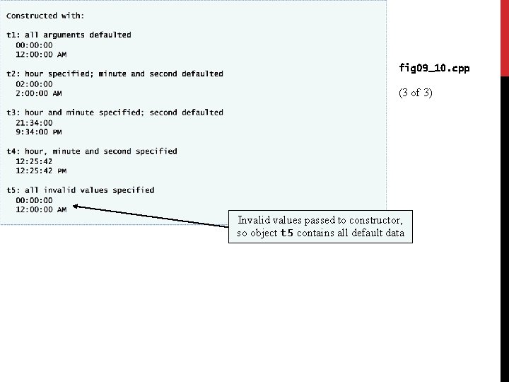 fig 09_10. cpp (3 of 3) Invalid values passed to constructor, so object t