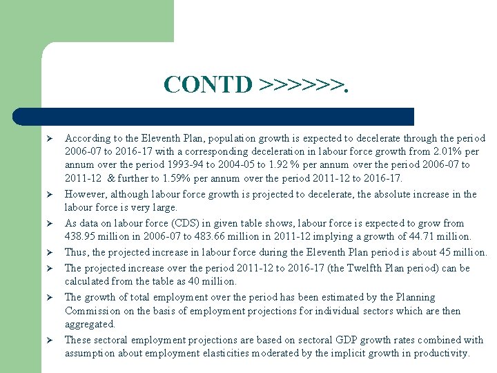 CONTD >>>>>>. Ø Ø Ø Ø According to the Eleventh Plan, population growth is