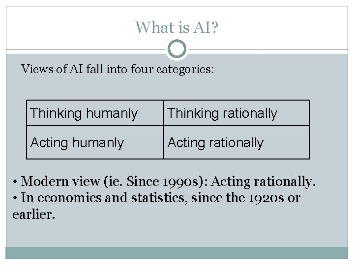 What is AI? Views of AI fall into four categories: Thinking humanly Thinking rationally