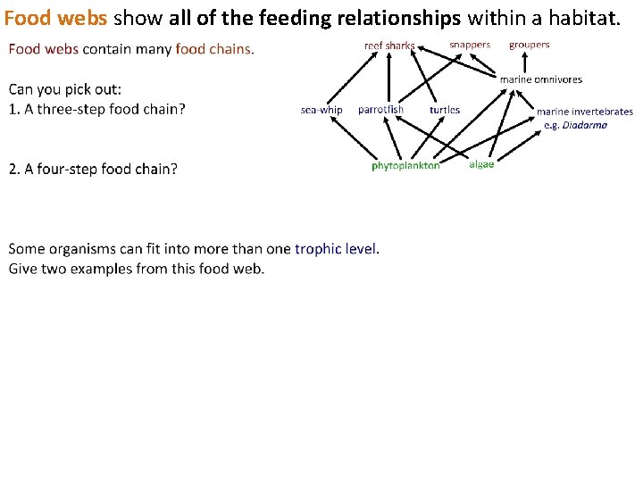 Food webs show all of the feeding relationships within a habitat. 