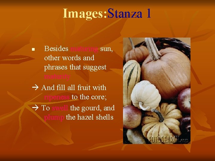 Images: Stanza 1 Besides maturing sun, other words and phrases that suggest maturity And
