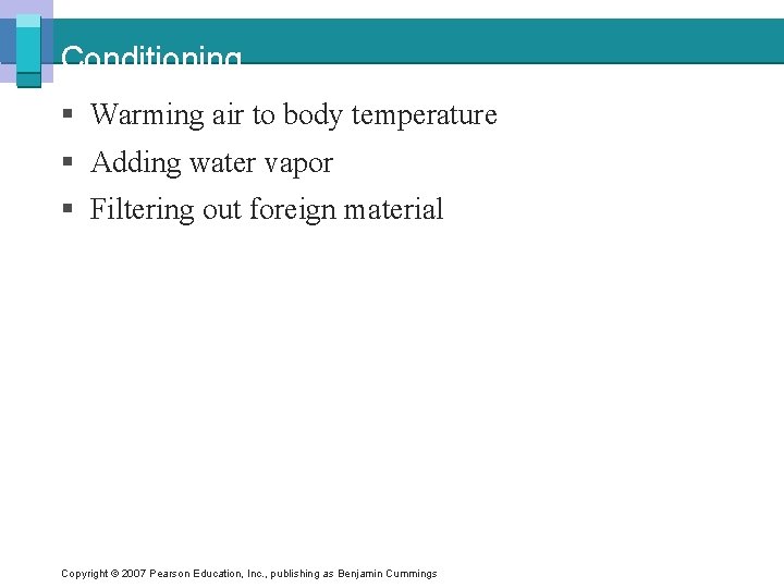 Conditioning § Warming air to body temperature § Adding water vapor § Filtering out