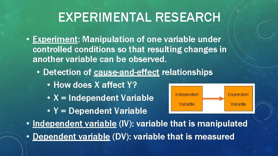 EXPERIMENTAL RESEARCH • Experiment: Manipulation of one variable under controlled conditions so that resulting