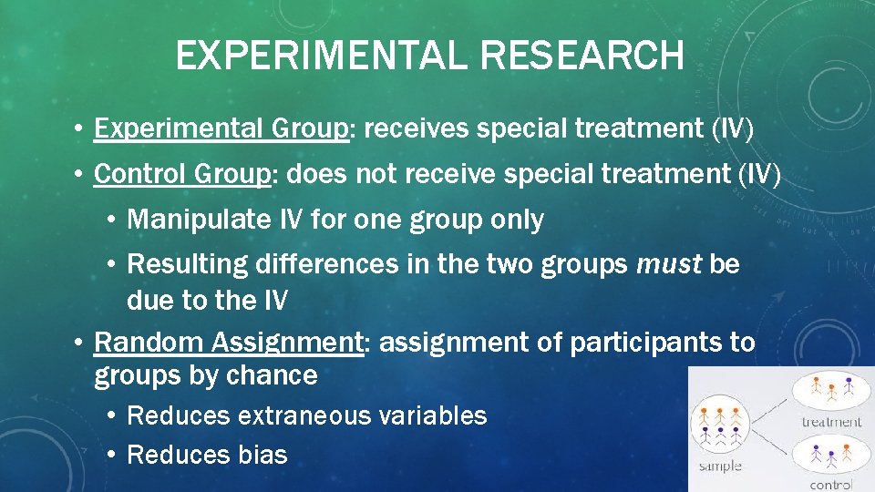 EXPERIMENTAL RESEARCH • Experimental Group: receives special treatment (IV) • Control Group: does not