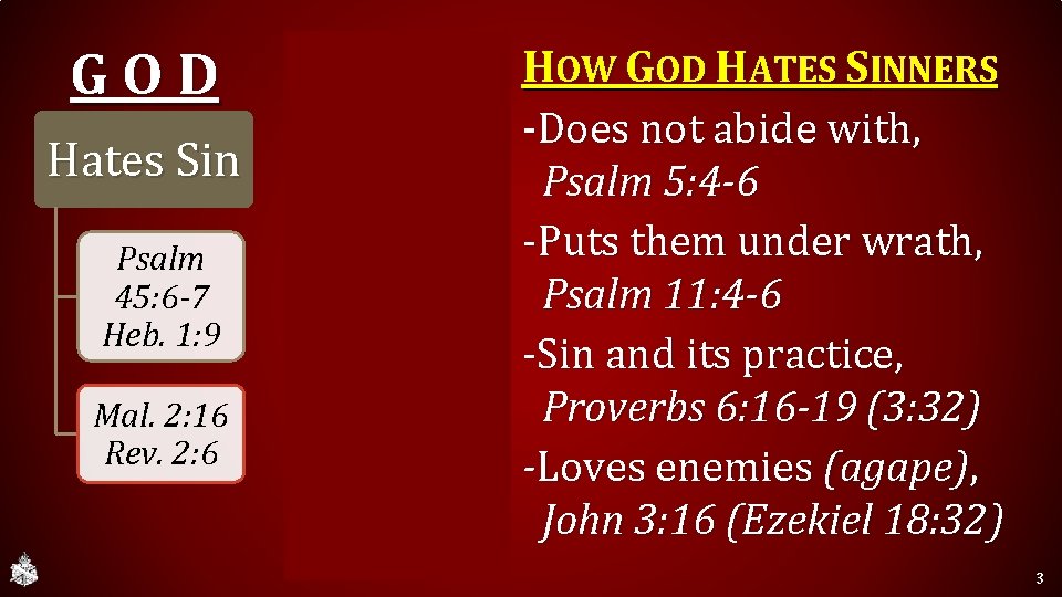 GOD Hates Sin Psalm 45: 6 -7 Heb. 1: 9 Mal. 2: 16 Rev.