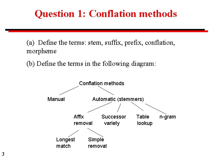 Question 1: Conflation methods (a) Define the terms: stem, suffix, prefix, conflation, morpheme (b)