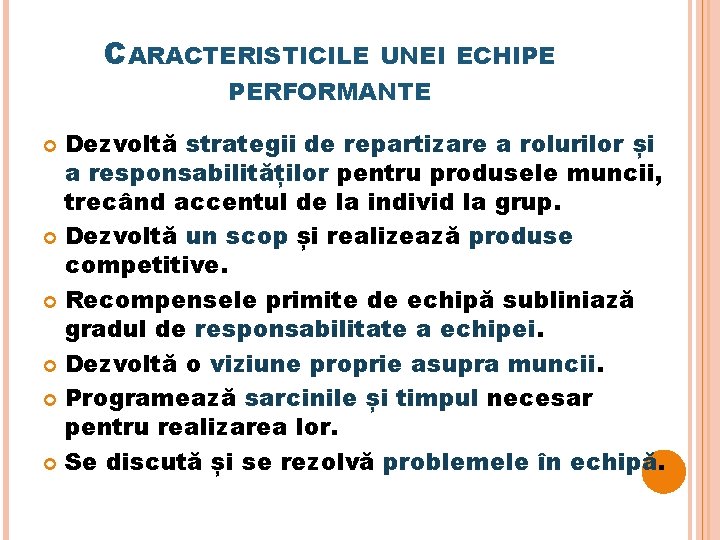 CARACTERISTICILE UNEI ECHIPE PERFORMANTE Dezvoltă strategii de repartizare a rolurilor și a responsabilităților pentru