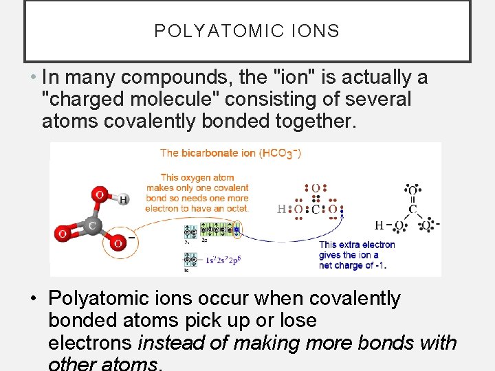 POLYATOMIC IONS • In many compounds, the "ion" is actually a "charged molecule" consisting