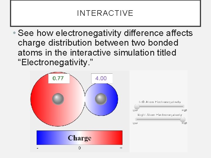 INTERACTIVE • See how electronegativity difference affects charge distribution between two bonded atoms in