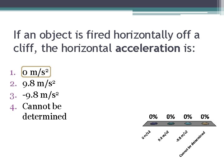 If an object is fired horizontally off a cliff, the horizontal acceleration is: 1.