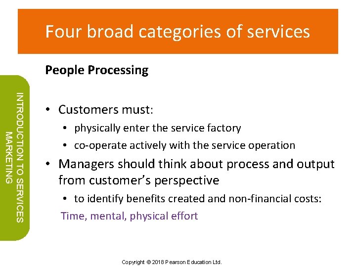 Four broad categories of services People Processing INTRODUCTION TO SERVICES MARKETING • Customers must: