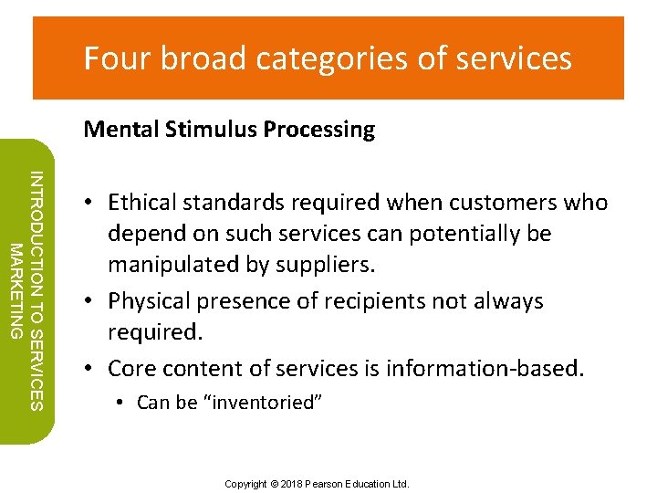 Four broad categories of services Mental Stimulus Processing INTRODUCTION TO SERVICES MARKETING • Ethical