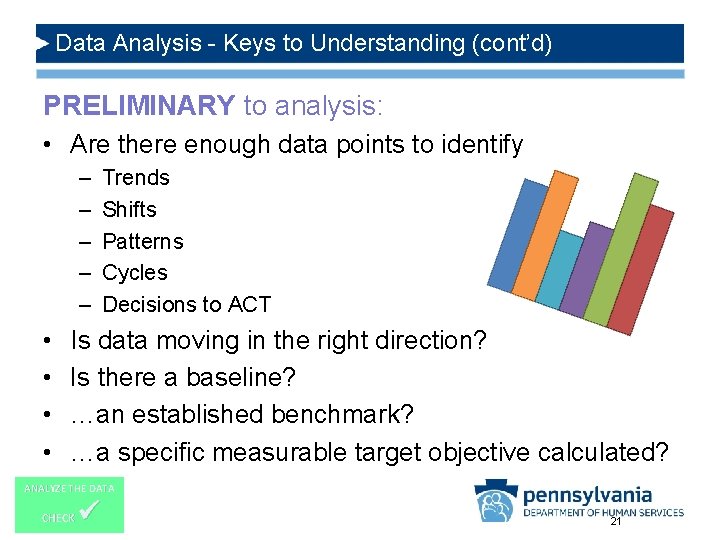 Data Analysis - Keys to Understanding (cont’d) PRELIMINARY to analysis: • Are there enough