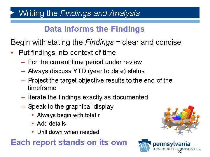 Writing the Findings and Analysis Data Informs the Findings Begin with stating the Findings