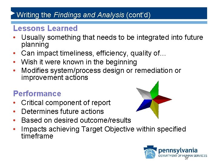 Writing the Findings and Analysis (cont’d) Lessons Learned • Usually something that needs to