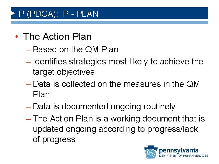 P (PDCA): P - PLAN • The Action Plan – Based on the QM