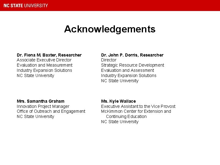 Acknowledgements Dr. Fiona M. Baxter, Researcher Associate Executive Director Evaluation and Measurement Industry Expansion