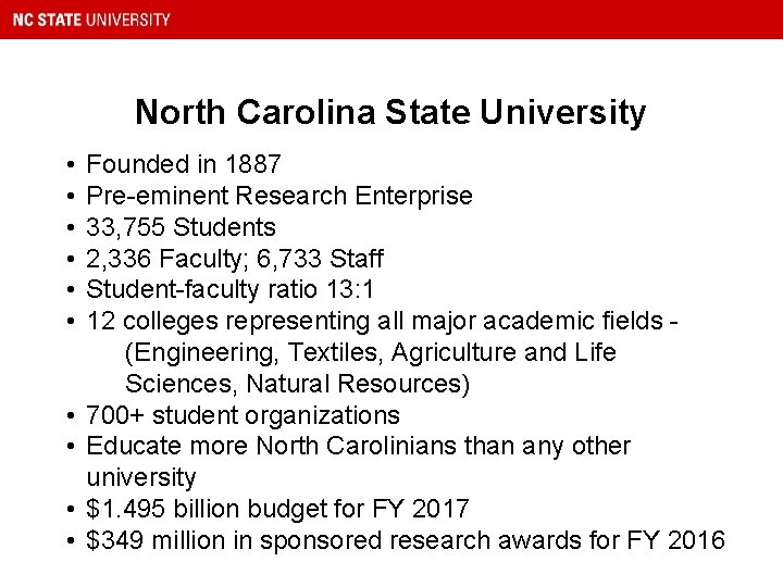 North Carolina State University • • • Founded in 1887 Pre-eminent Research Enterprise 33,