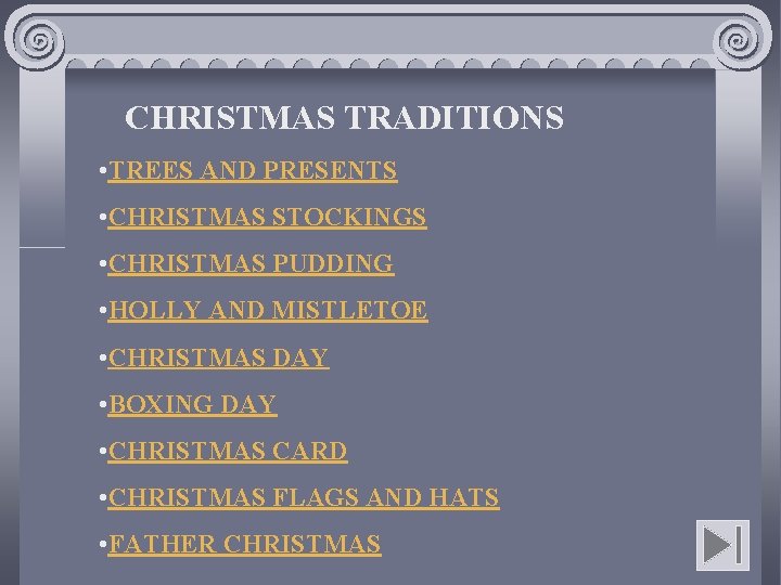 CHRISTMAS TRADITIONS • TREES AND PRESENTS • CHRISTMAS STOCKINGS • CHRISTMAS PUDDING • HOLLY