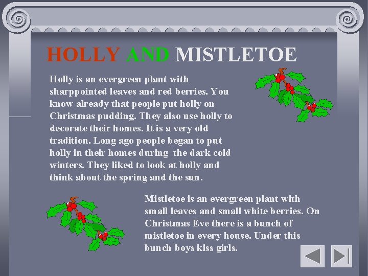 HOLLY AND MISTLETOE Holly is an evergreen plant with sharppointed leaves and red berries.