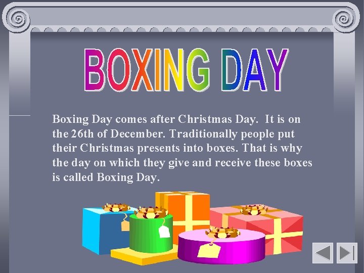 Boxing Day comes after Christmas Day. It is on the 26 th of December.