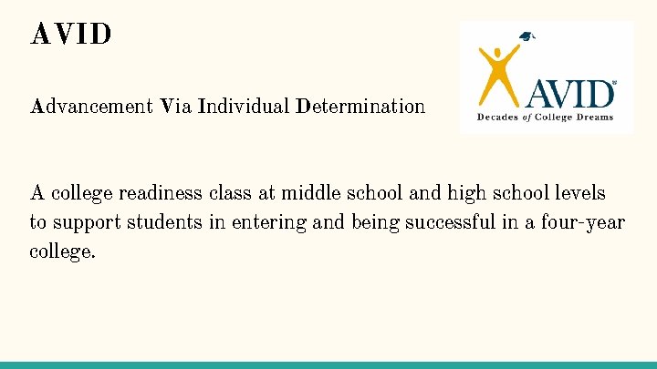 AVID Advancement Via Individual Determination A college readiness class at middle school and high