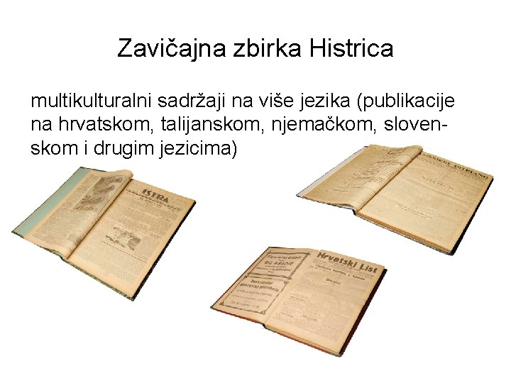 Zavičajna zbirka Histrica multikulturalni sadržaji na više jezika (publikacije na hrvatskom, talijanskom, njemačkom, slovenskom