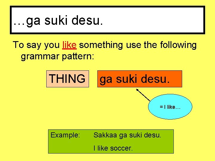 …ga suki desu. To say you like something use the following grammar pattern: THING