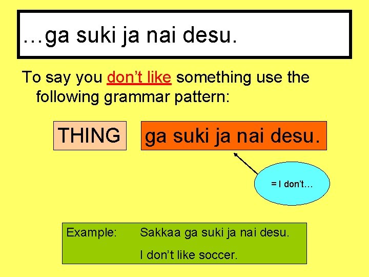 …ga suki ja nai desu. To say you don’t like something use the following