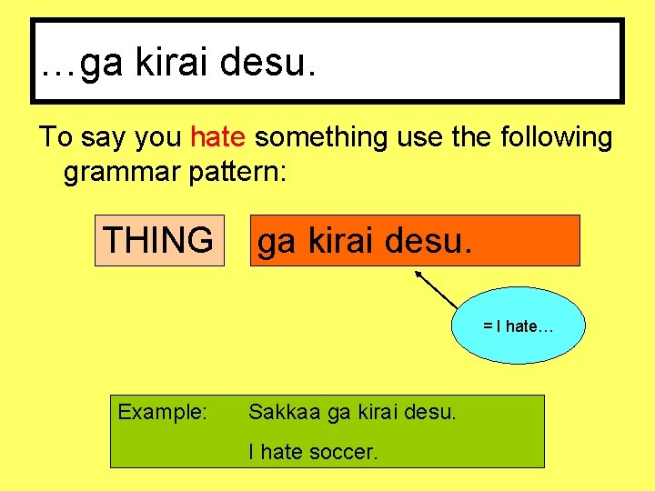 …ga kirai desu. To say you hate something use the following grammar pattern: THING