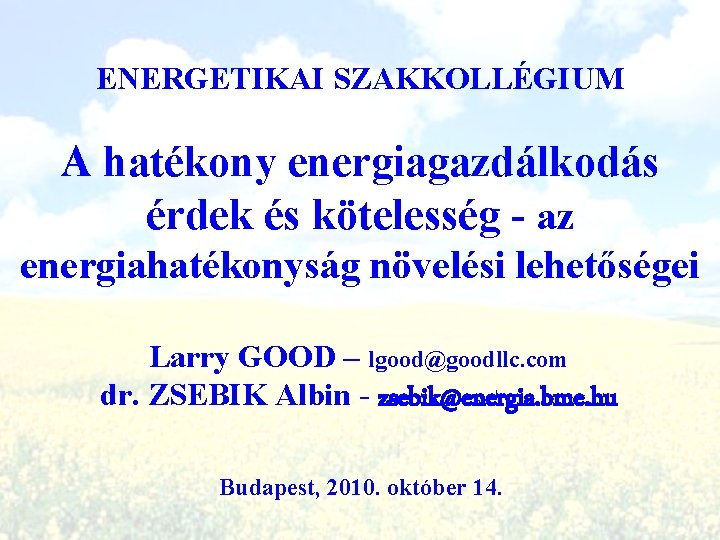 ENERGETIKAI SZAKKOLLÉGIUM A hatékony energiagazdálkodás érdek és kötelesség - az energiahatékonyság növelési lehetőségei Larry