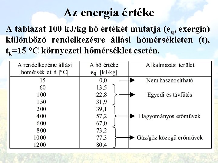 Az energia értéke A táblázat 100 k. J/kg hő értékét mutatja (eq, exergia) különböző