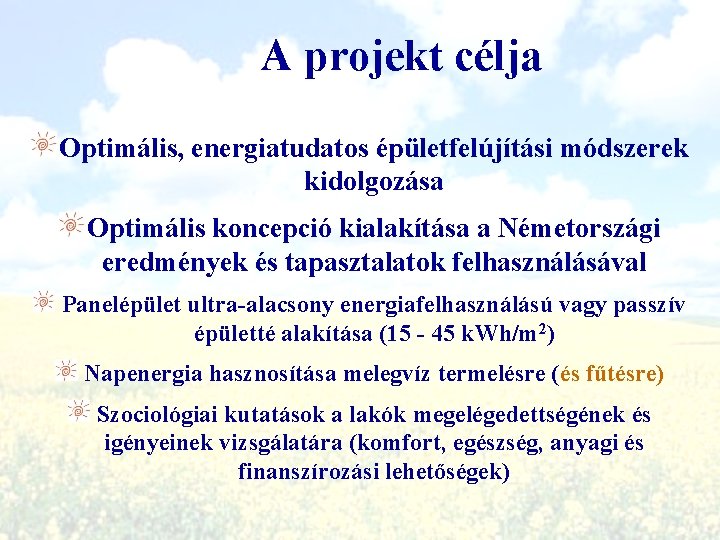 A projekt célja Optimális, energiatudatos épületfelújítási módszerek kidolgozása Optimális koncepció kialakítása a Németországi eredmények