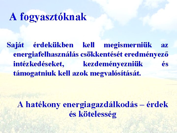 A fogyasztóknak Saját érdekükben kell megismerniük az energiafelhasználás csökkentését eredményező intézkedéseket, kezdeményezniük és támogatniuk