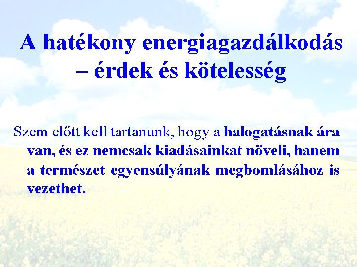 A hatékony energiagazdálkodás – érdek és kötelesség Szem előtt kell tartanunk, hogy a halogatásnak