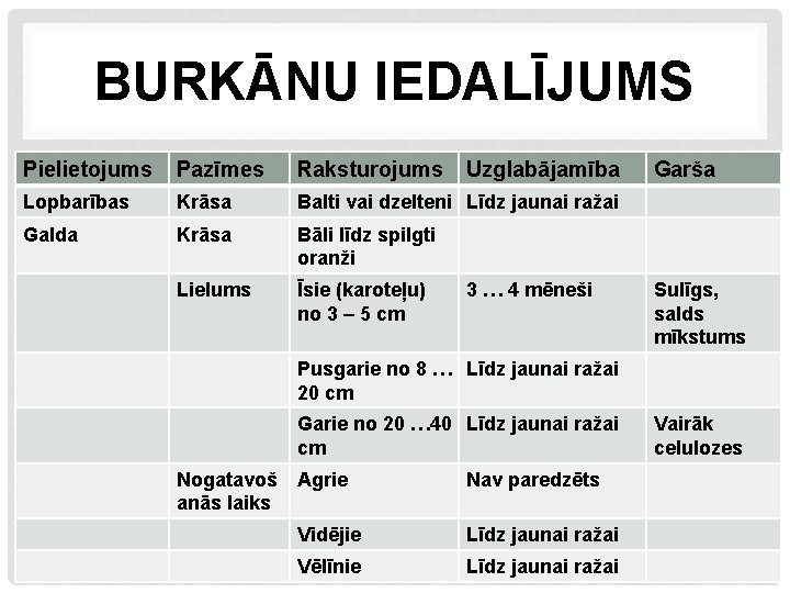 BURKĀNU IEDALĪJUMS Pielietojums Pazīmes Raksturojums Uzglabājamība Lopbarības Krāsa Balti vai dzelteni Līdz jaunai ražai