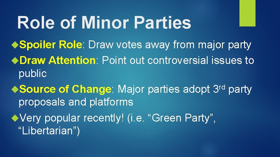Role of Minor Parties Spoiler Role: Draw votes away from major party Draw Attention: